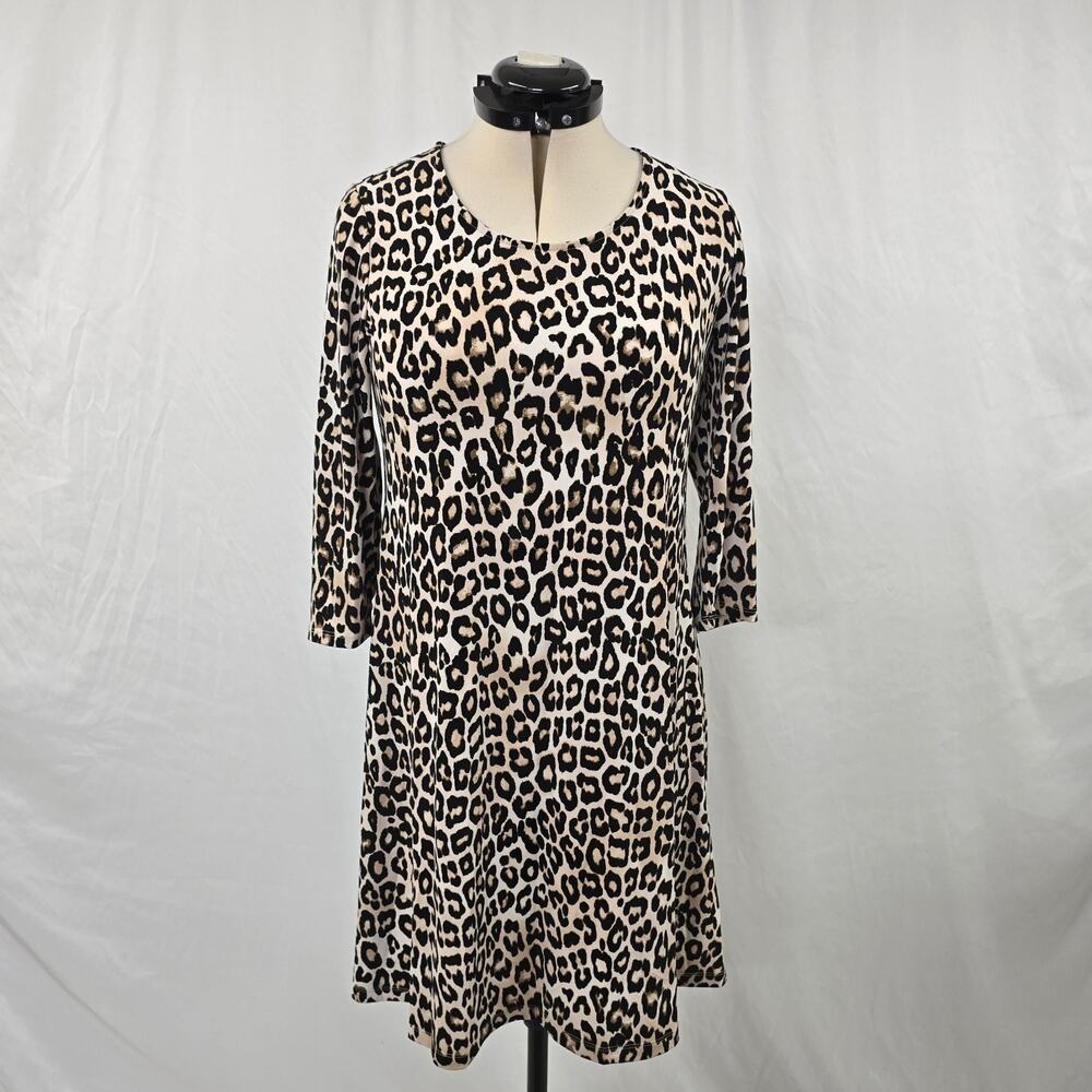 Chico's 3/4 Long Sleeve Shift Dress Women's 0 = 4 US Cream Black Leopard Print
